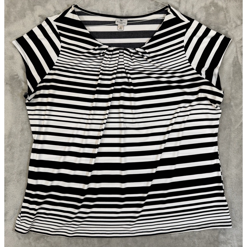 Worthington Woman Shirt Plus 3X White Black Striped Scoop Neck Ruched Stretch